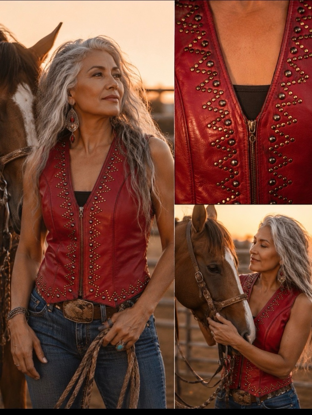 VINTAGE Silver Mesa Red Leather Rodeo Vest Silver & Brass Studs Size M
